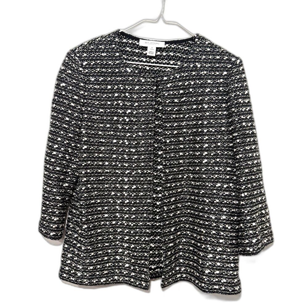 St. John Boucle 3/4 Length Sleeve Cardigan - Black/White/Metallic 10